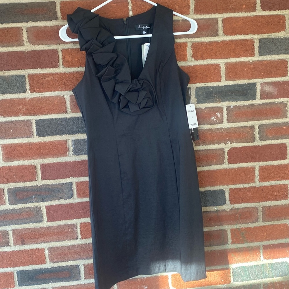 S.L Fashions taffetta ruffle shoulder mini dress